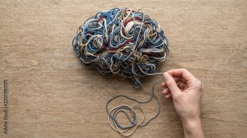 Yarn Skein and Hand on Wood Background for Knitting Crafts