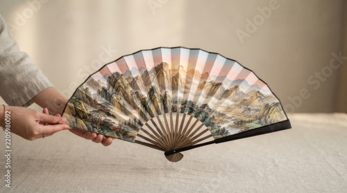 Traditional Japanese Folding Fan with Mountain Landscape Art