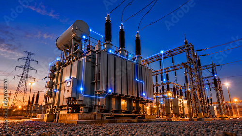High Voltage Electrical Power Substation Transformer With Smart Digital Grid Network Overlay Against Vibrant Sunset Sky
