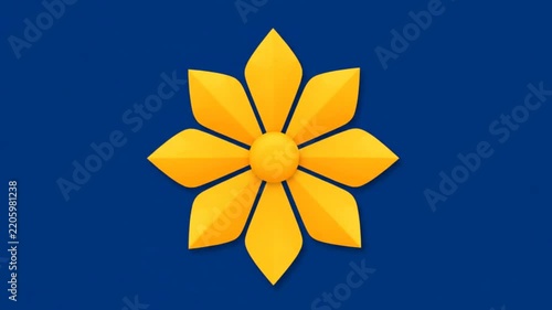 Minimalist yellow flower icon with eight petals on a solid blue background