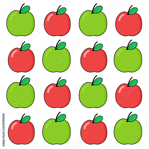 Seamless pattern of red and green apples in grid layout, minimalist fruit background isolated on white background