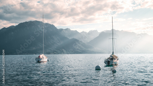 Scenic View of Lake Geneva and the Swiss Alps at Sunset