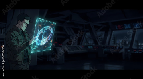 Futuristic man operating a glowing blue holographic interface in a spaceship cockpit command center digital concept illustration