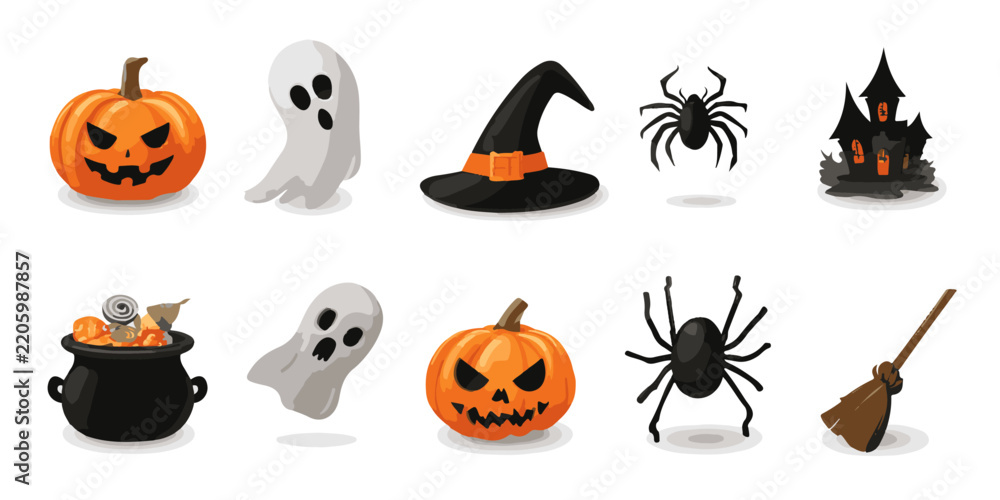 Fototapeta premium Set of cute 3d Halloween icons featuring pumpkins ghosts witches hats spiders haunted house cauldron and a broomstick