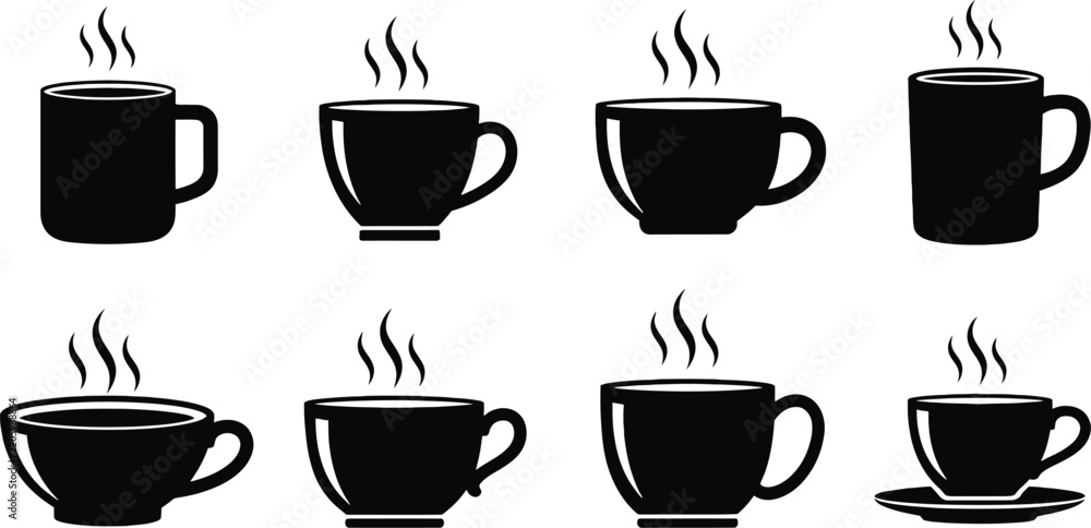 Obraz premium Black coffee cup icon set with steam rising from hot beverages