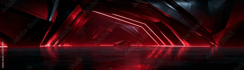 Fototapeta premium Futuristic Dark Tunnel with Glowing Red Neon Lines and Sleek Reflections