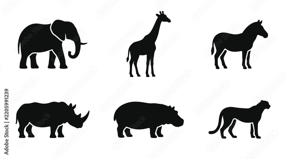 Fototapeta premium Collection of African Wildlife Silhouettes Including Elephant Giraffe Zebra Rhinoceros Hippopotamus and Cheetah