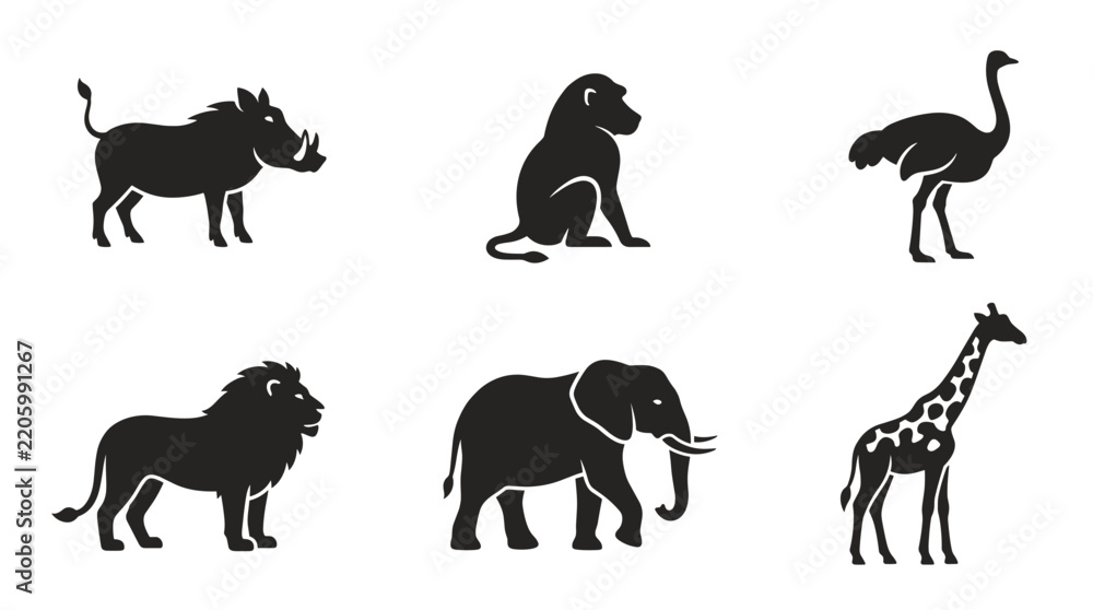 Obraz premium Collection of African Wildlife Silhouettes Including Lion Elephant Giraffe Ostrich Baboon and Warthog