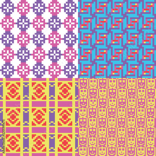 Vibrant pixel art pattern set featuring retro gaming aesthetics and character icons in bold colors.