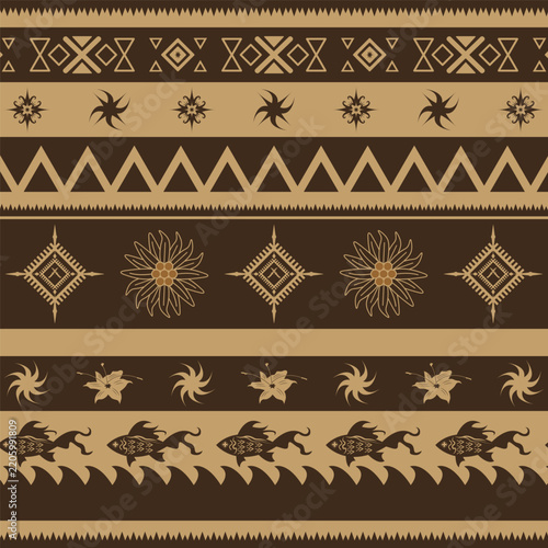 Vintage brown tribal folk seamless pattern with fishes and flowers for bohemian fabric and cultural design.