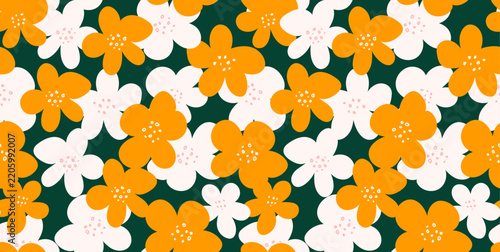 Vintage yellow and white flowers on dark green background seamless pattern.