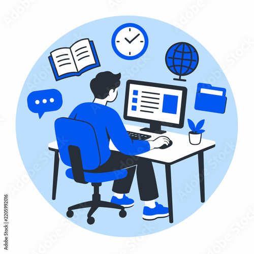 Student studying online at computer desk