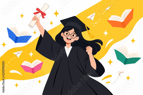 Happy female graduate holding diploma illustration