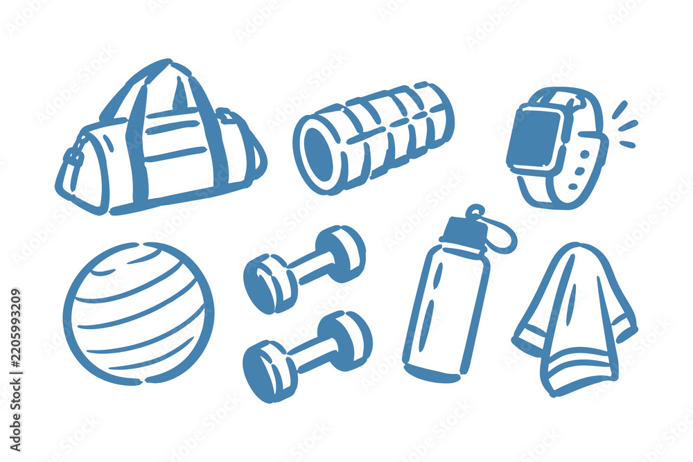 Obraz premium Fitness Equipment Hand Drawn Gym Workout Set