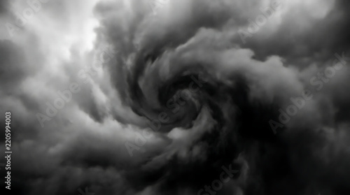 Swirling dark storm clouds creating a vortex effect set in an ominous sky backdrop with a monochromatic color palette and dramatic contrast