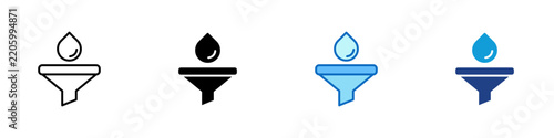 Liquid Filtration Funnel Multiple Style Icon Design Vector - Funnel with water droplet representing liquid filtration, fluid pouring, and filtering process for laboratory or industrial use