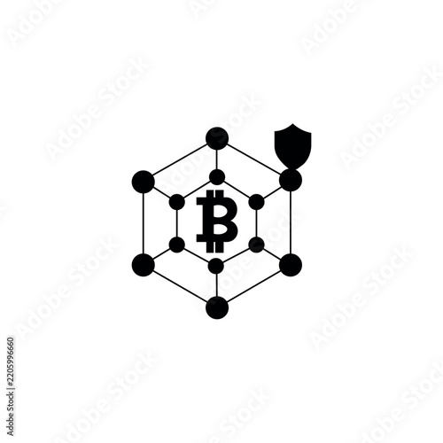 Secure Digital Cryptocurrency Blockchain Network Connection Icon Featuring Bitcoin Symbol and Protection Shield Graphic