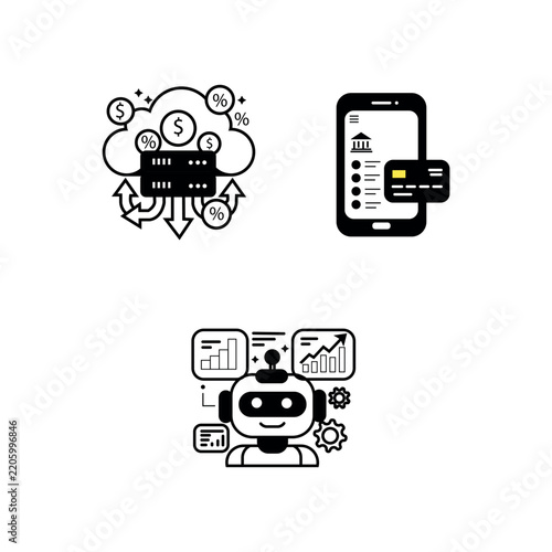 Modern Vector Icons Set for Digital Banking Cloud Payments Mobile Commerce and Artificial Intelligence Chatbot Services