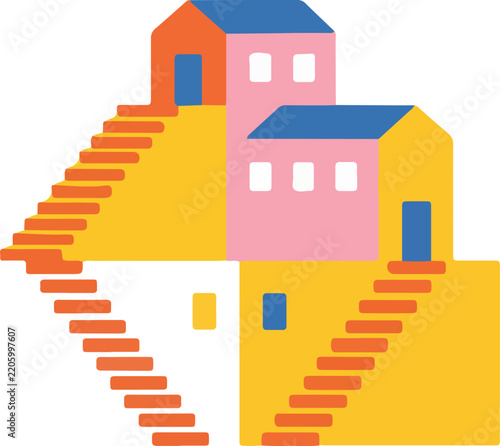 Abstract colorful house illustration with stairs in a flat minimalist vector design style