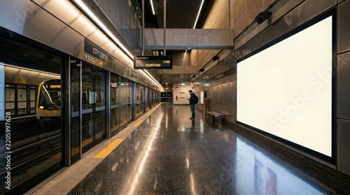 Subway station platform features a large glowing illuminated billboard mounted on the wall.