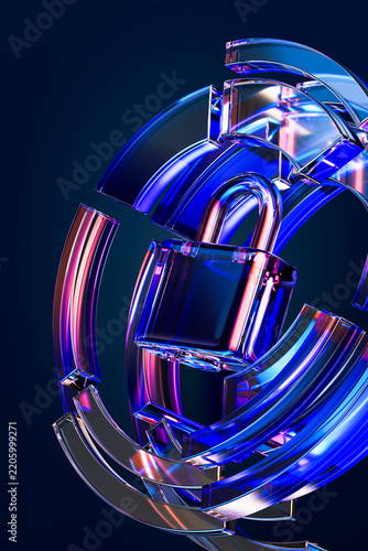 3D glass padlock in cyber network for encrypted data protection