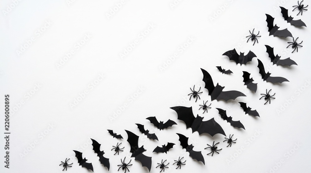 Obraz premium Halloween background with black paper bats and plastic spiders isolated on white background heart