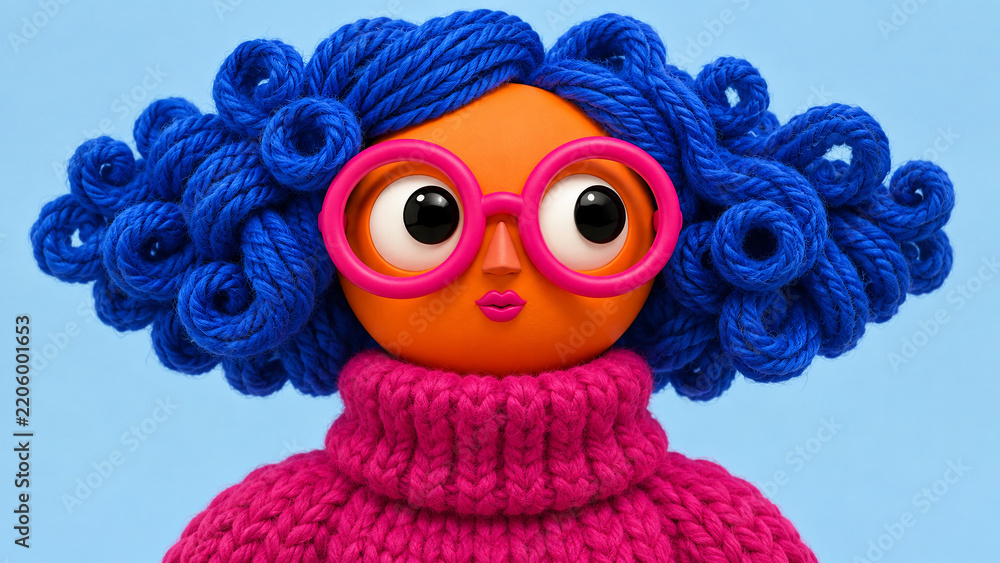Fototapeta premium Whimsical knitted character with blue yarn pigtails, oversized pink glasses and chunky magenta sweater, ideal for kids posters, winter cards, playful branding and social media.