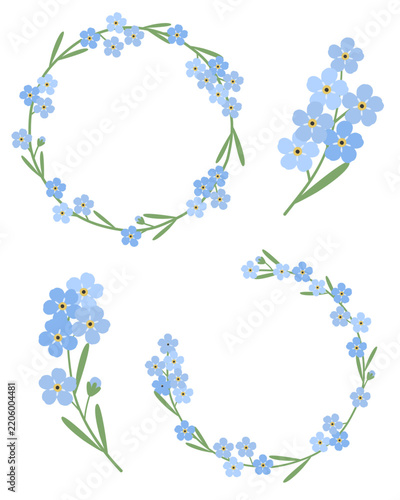 Pastel Blue Wildflower Wreaths and Floral Bouquets Set, forgot me not flower frame. 