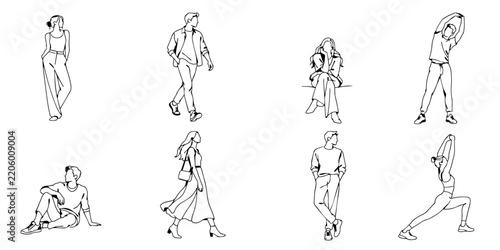 Women Standing Walking and Stretching Line Art Vector Set