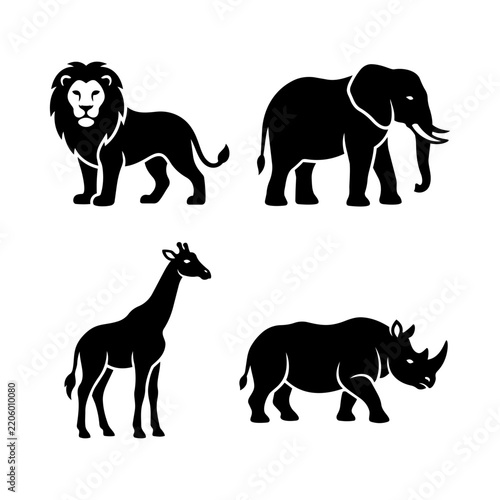 Safari animal silhouettes collection with lion elephant giraffe and rhinoceros