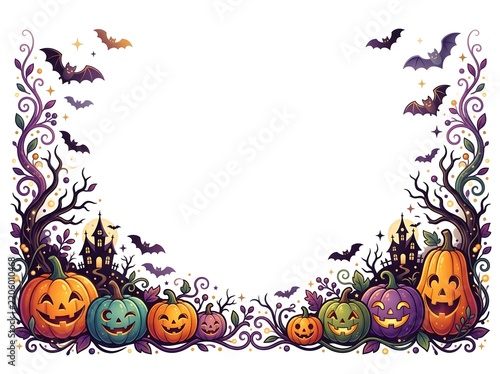 Whimsical Halloween Border Featuring Colorful Jack-O'-Lanterns, Bats, and Gothic Silhouettes in Vibrant Autumnal Art Style