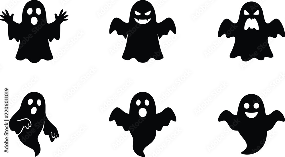 Obraz premium Black silhouette set of halloween ghosts with various facial expressions and floating body shapes spirit