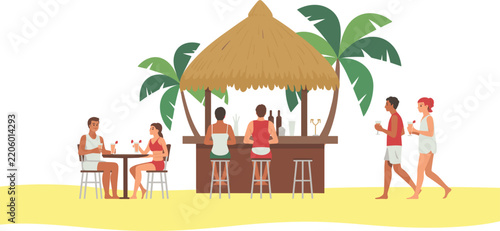 Beach bar with people drinking cocktails, tropical tiki hut, summer vacation, vector illustration  