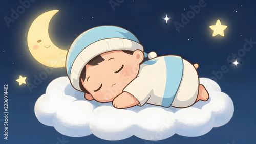 Cute vector illustration of a baby sleeping on a fluffy white cloud at night. Whimsical nursery background with a smiling crescent moon and glowing stars.