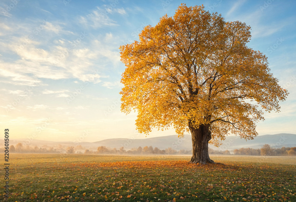 Obraz premium A single large majestic tree with bright golden autumn foliage standing in a misty meadow at sunrise transparent background