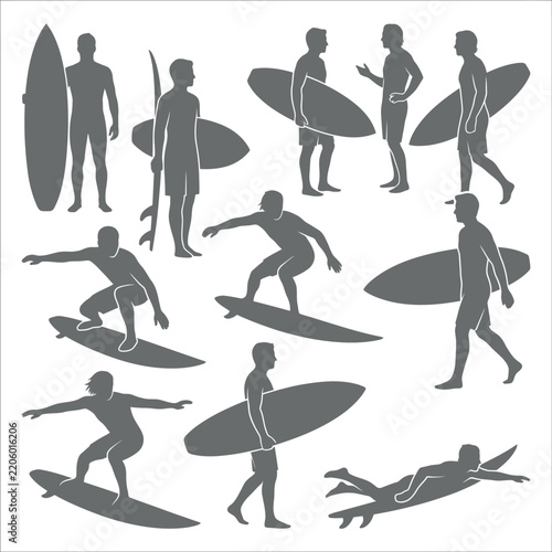 Detailed vector illustration of various surfers holding boards and riding waves in grey silhouettes