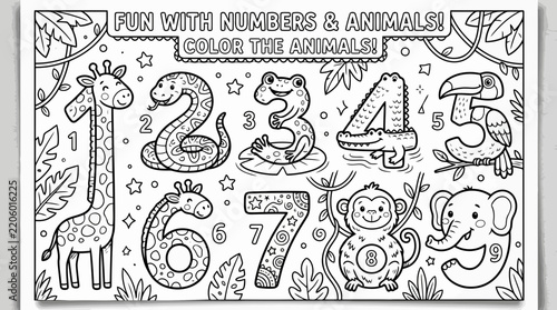 Fun with numbers and animals coloring page for children