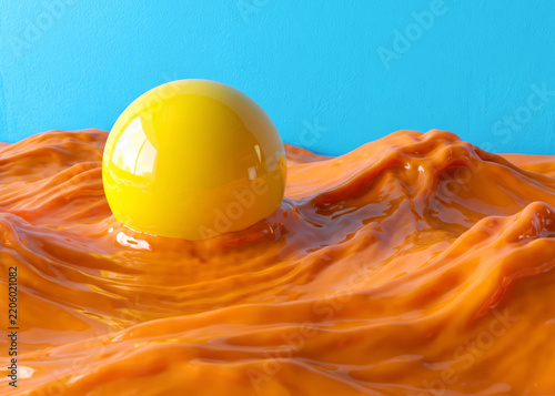 A glossy yellow sphere rests on the surface of a viscous, wavy orange liquid.