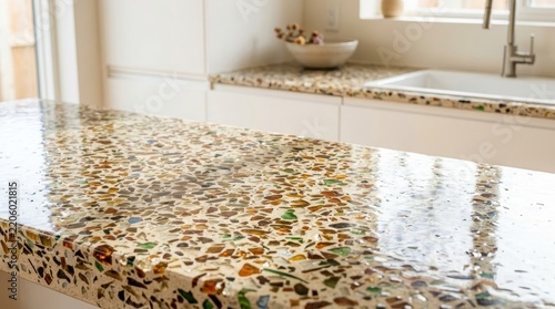 Unique countertop crafted from recycled glass and concrete featuring a speckled earth-tone pattern, ideal for modern kitchens.