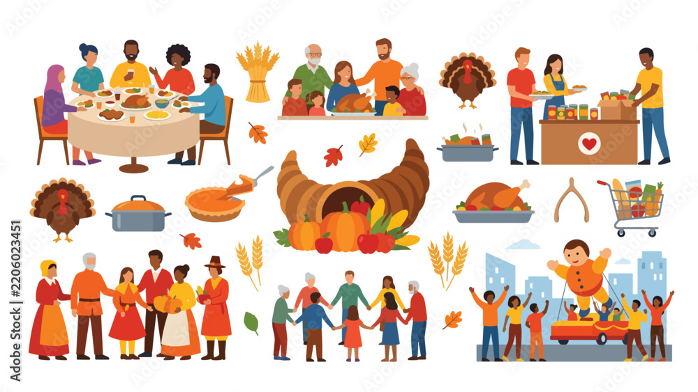 Obraz premium Thanksgiving Day Celebration with Diverse Families Enjoying Traditional Food and Community Activities