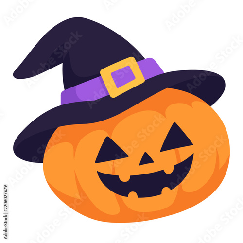 Cute orange pumpkin wearing a purple witch hat with a spooky carved face, flat design illustration for Halloween celebration and seasonal decoration.