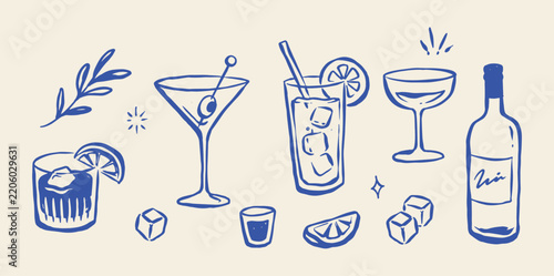 Cocktail Drinks Hand Drawn Bar Illustration Set