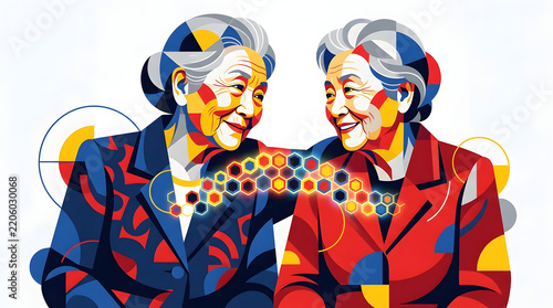 Vibrant Elderly Women Smiling at Each Other in Colorful Abstract Portrait
