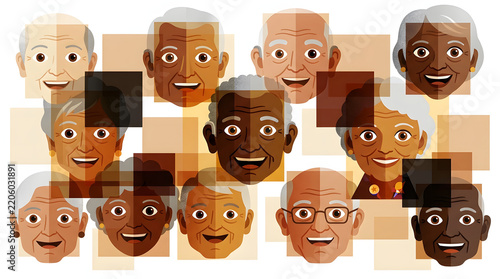 Diverse Elderly Group Portrait Collage Of Smiling Heads