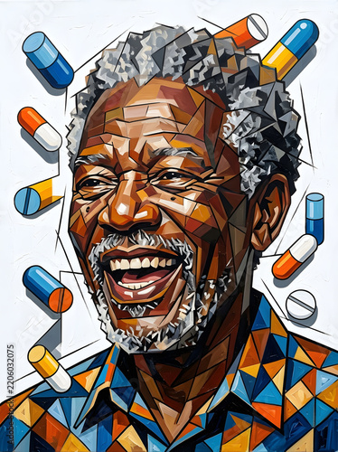 Energetic Elderly Man with Geometric Beard Laughing