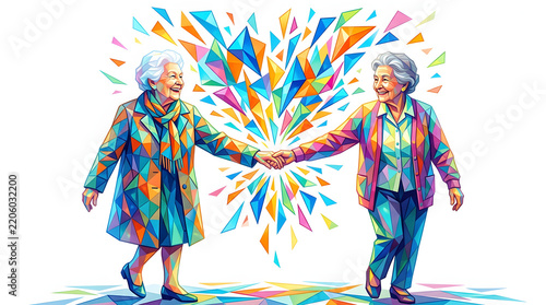 Colorful Elderly Women Shaking Hands in Triangular Art Style