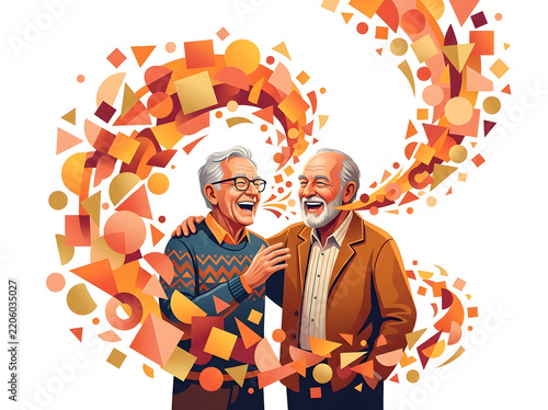 Joyful Elderly Couple Laughing Together Surrounded by Confetti Swirls