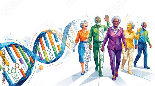 Vibrant Diverse Seniors Walking Forward Along DNA Helix