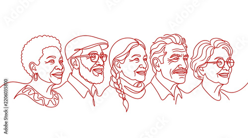 Red Line Portrait Lineup of Diverse Adults