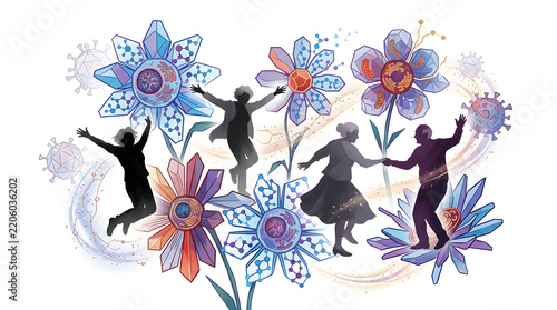 Colorful Flower Dancers Silhouette Artwork in Fantasy Garden
